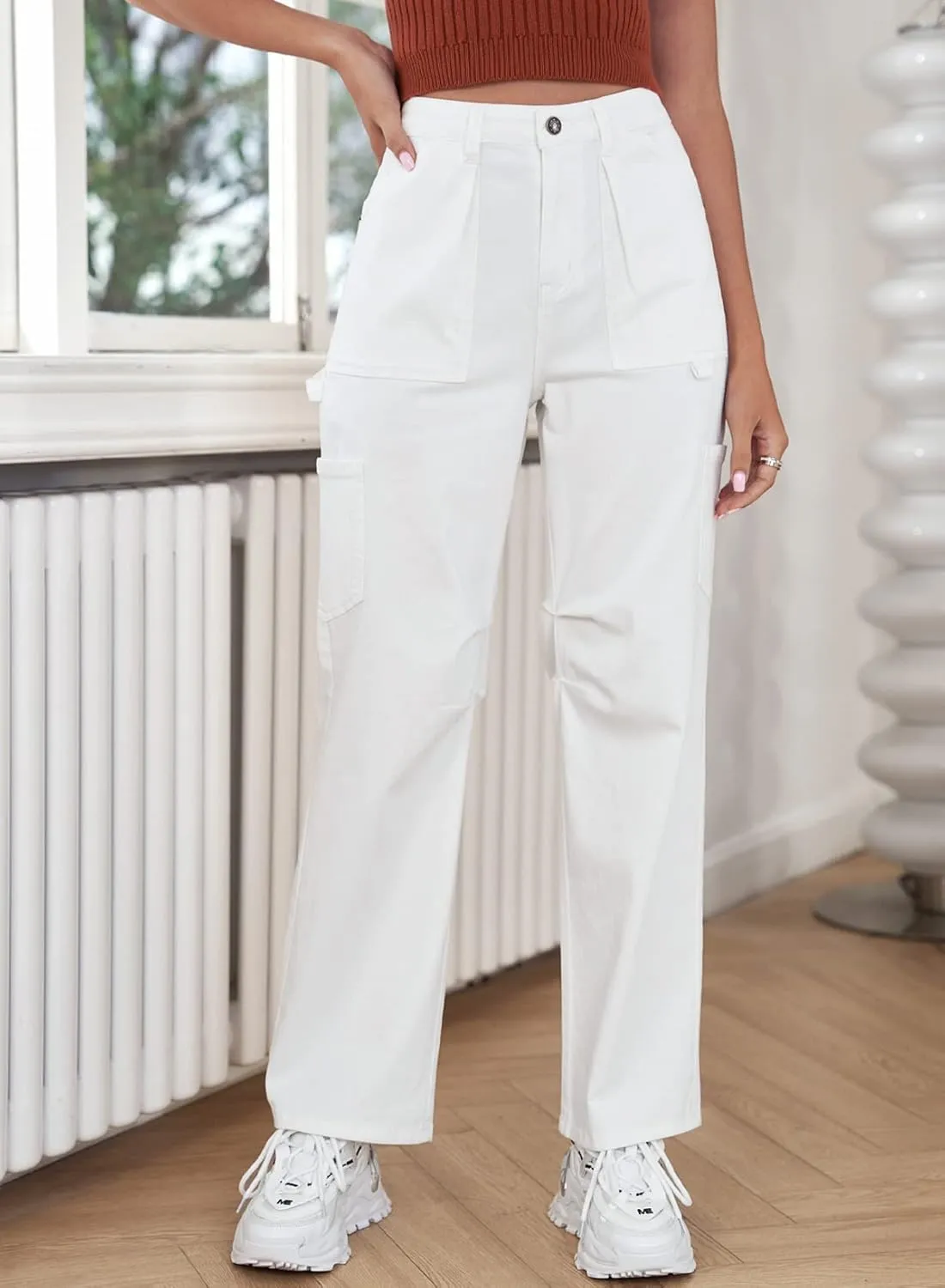 Women's High Waist Baggy Cargo Jeans Flap Pocket Relaxed Fit Straight Wide Leg Y2K Fashion Cargo Pants Boyfriend Jeans