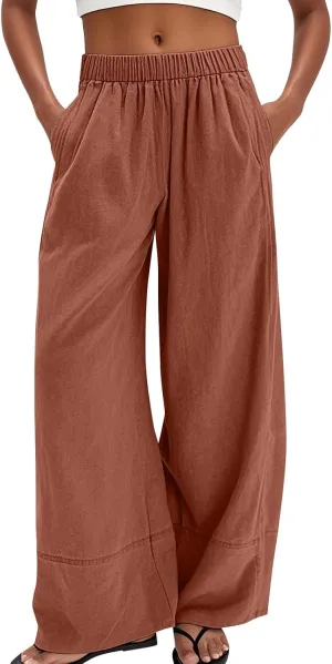 Womens Linen Pants Summer Cotton High Waist Palazzo Pants Baggy Casual Relaxed Fit Flowy Boho Beach Trousers Pockets