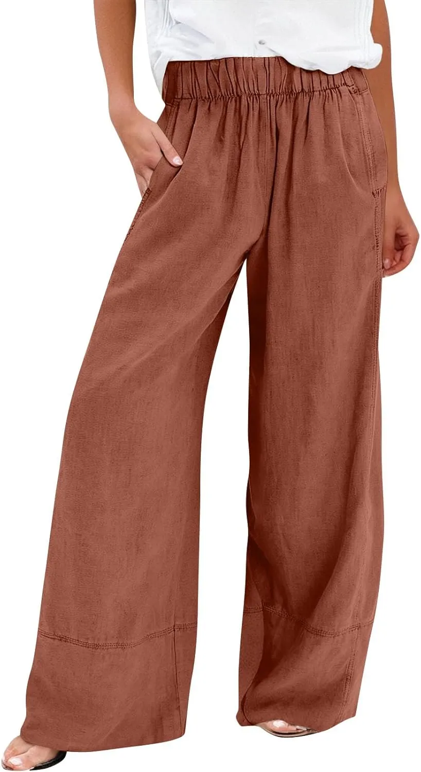 Womens Linen Pants Summer Cotton High Waist Palazzo Pants Baggy Casual Relaxed Fit Flowy Boho Beach Trousers Pockets