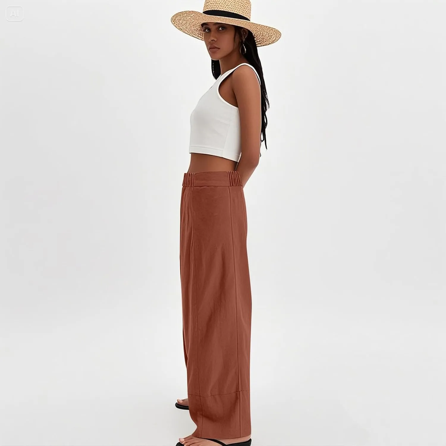 Womens Linen Pants Summer Cotton High Waist Palazzo Pants Baggy Casual Relaxed Fit Flowy Boho Beach Trousers Pockets