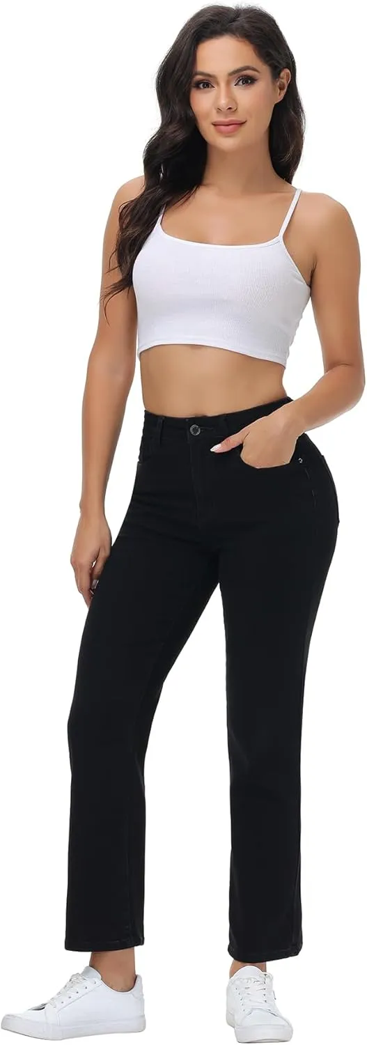 Women's Straight Leg Jeans High Waisted Stretchy Denim Pants with Pockets