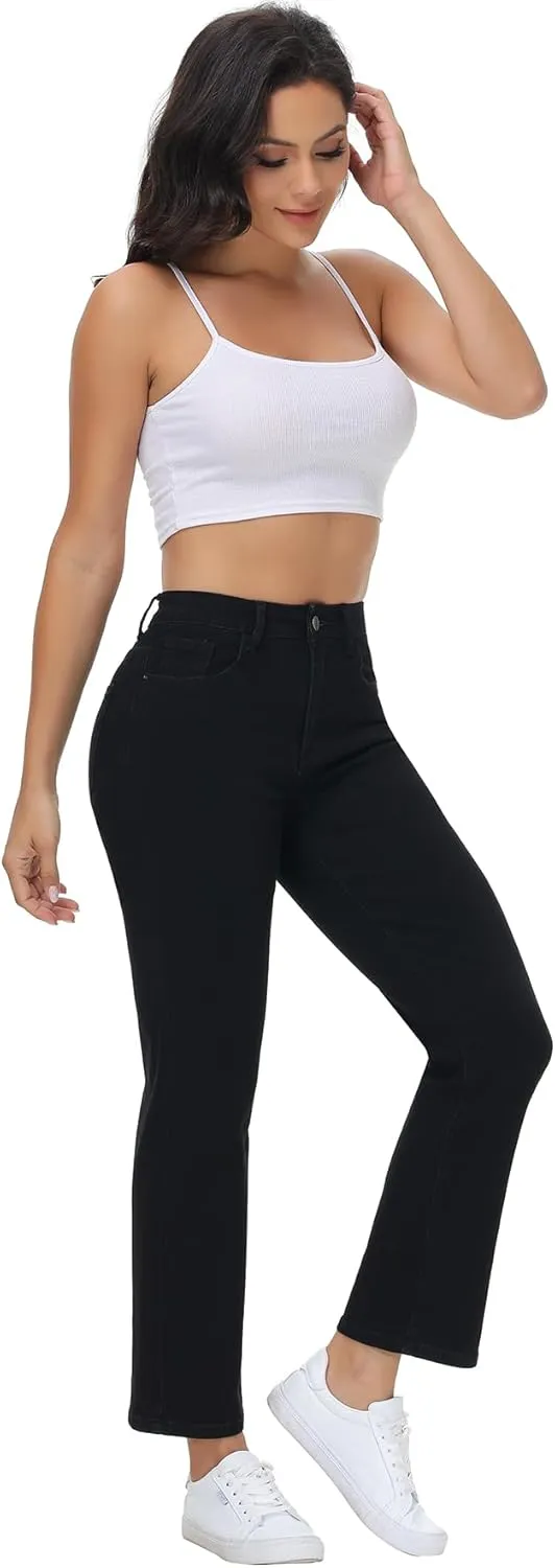 Women's Straight Leg Jeans High Waisted Stretchy Denim Pants with Pockets