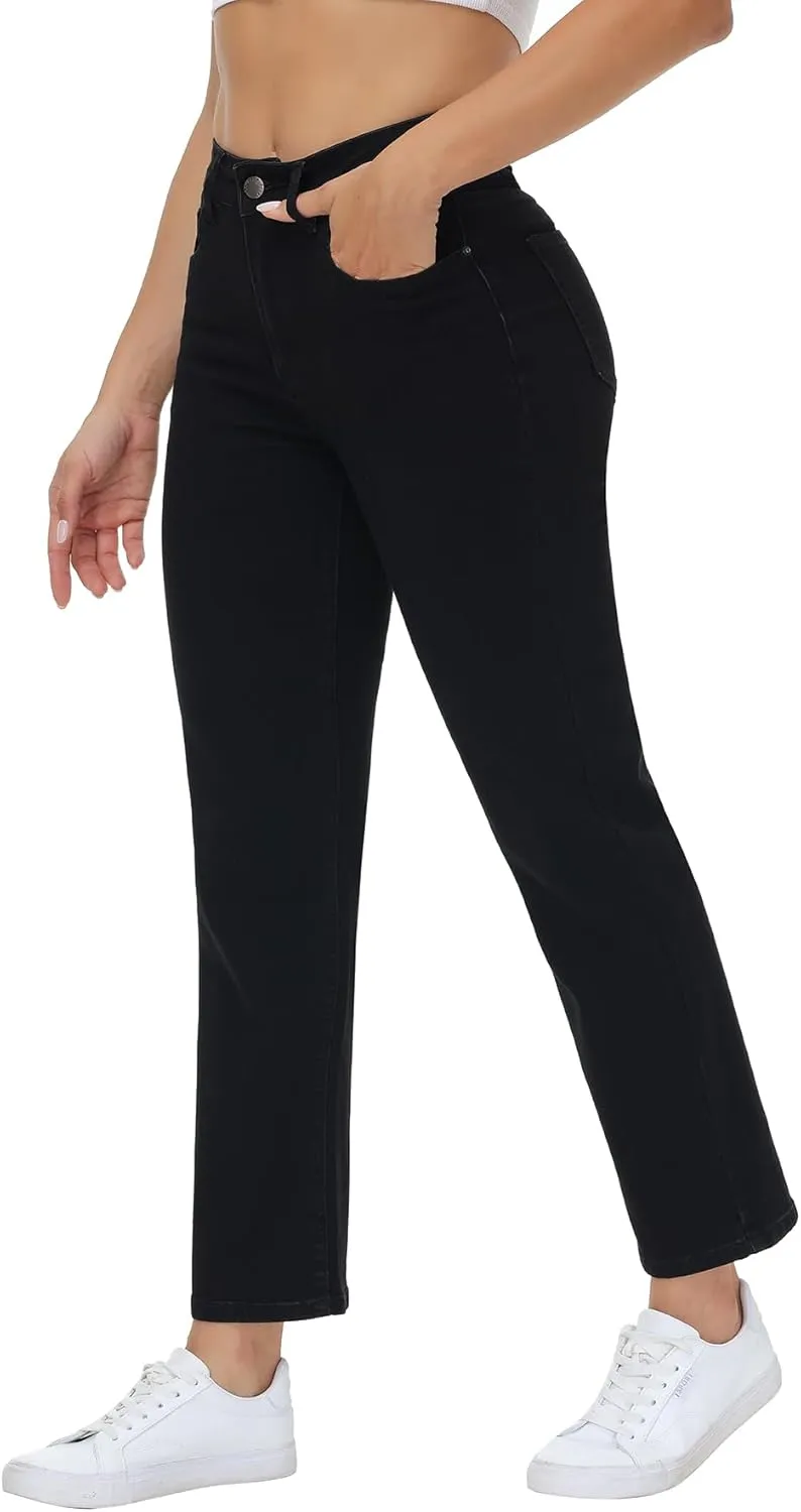 Women's Straight Leg Jeans High Waisted Stretchy Denim Pants with Pockets