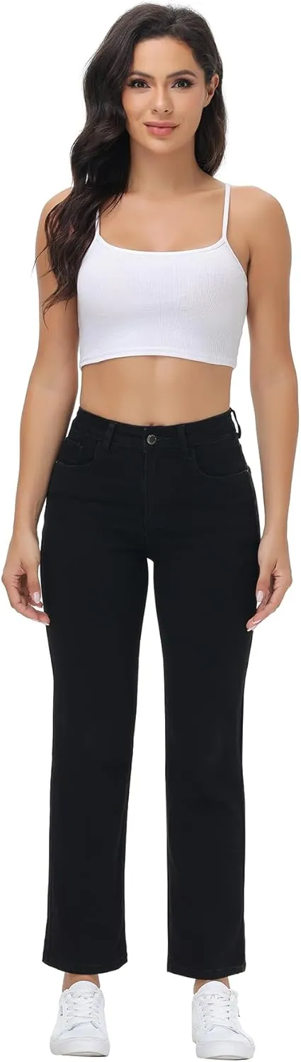 Women's Straight Leg Jeans High Waisted Stretchy Denim Pants with Pockets
