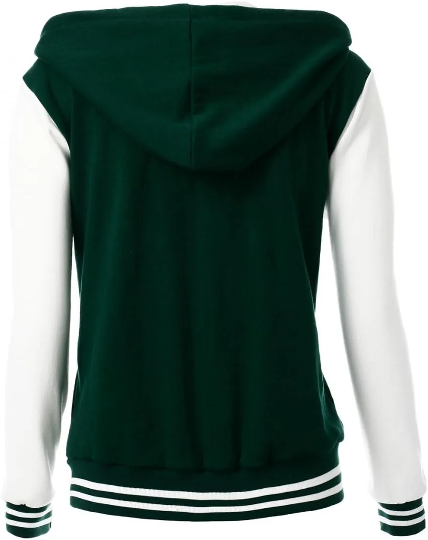 Women's Stylish Color Contrast Long Sleeves Hoodie Varsity Jacket