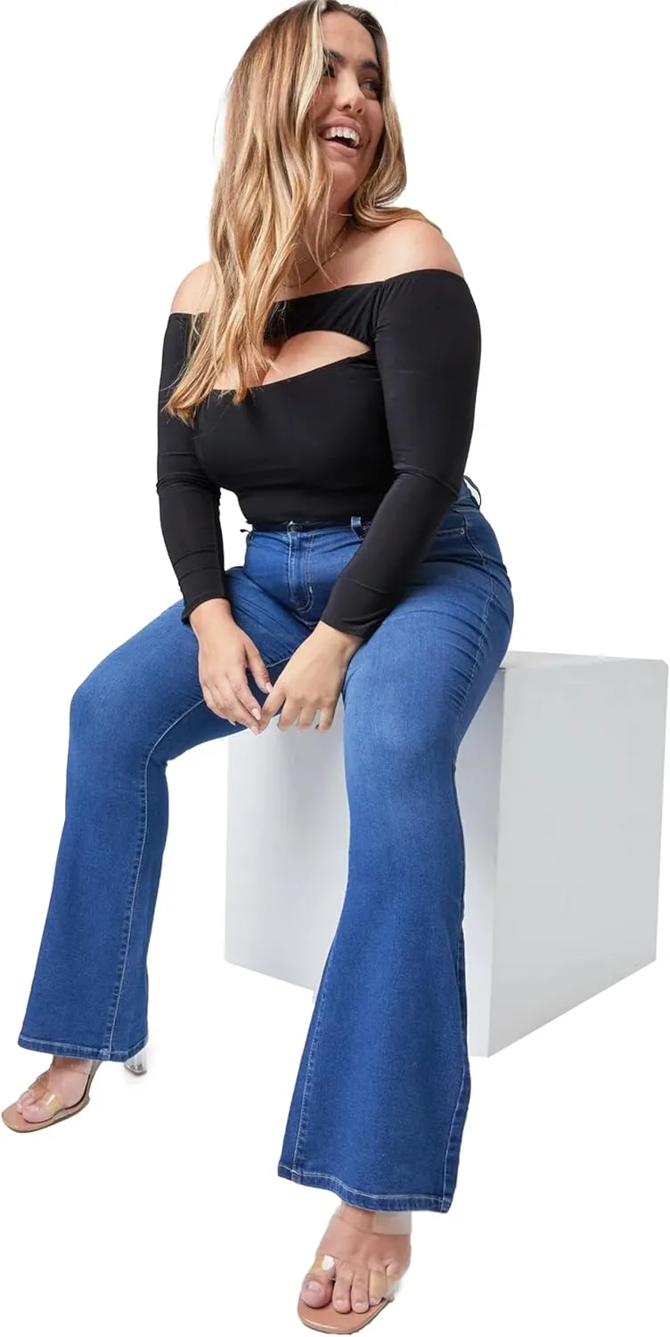 YMI Women's Plus Size Hyperdenim Super Stretchy Flare Jeans